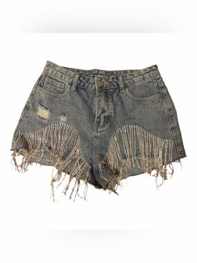 Women’s Distressed Denim Shorts with Rhinestone Fringe